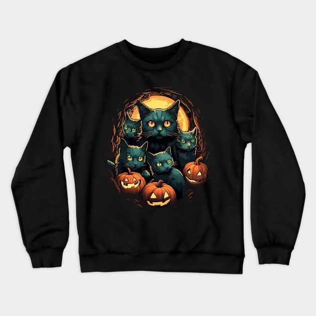 Halloween Scary Black Cats Cute Pumpkin Crewneck Sweatshirt by Ramadangonim